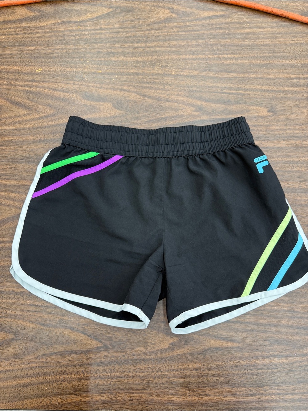 Fila Black Athletic Shorts with Green, Purple & Blue Stripes